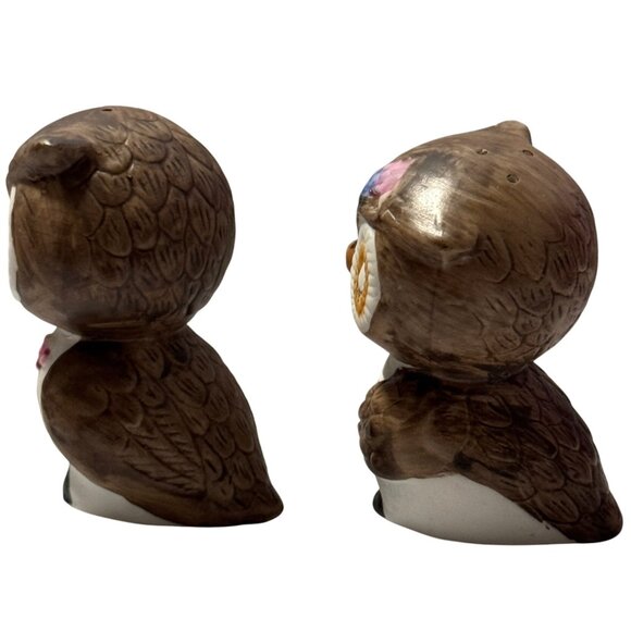 Vintage Owls Salt Pepper Shakers Stoppers Brown Ceramic Kitschy Korea 2.75" MCM - Picture 5 of 8
